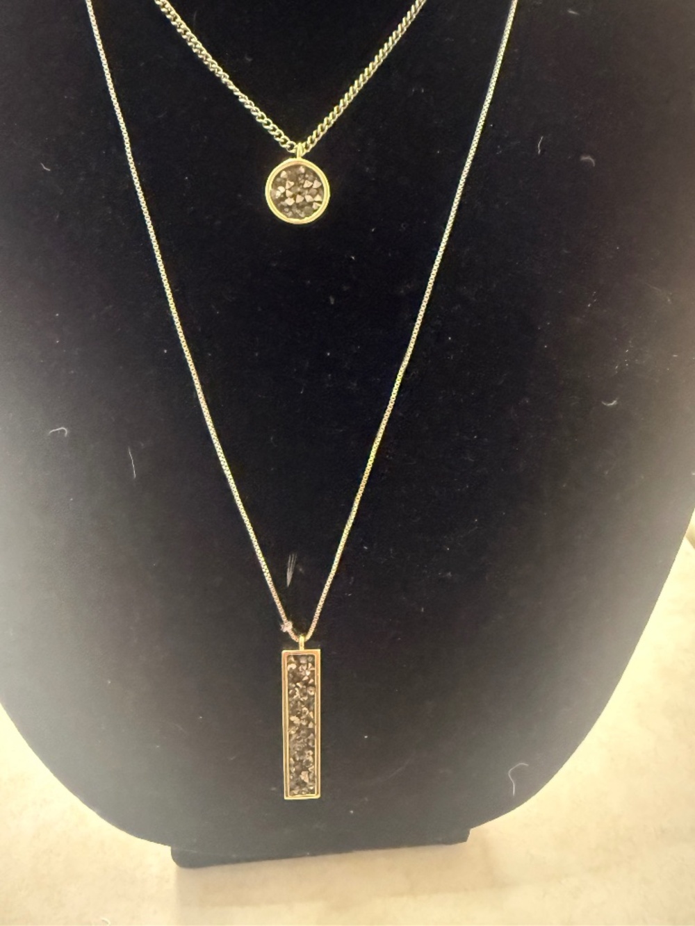 LOFT Druzy Layered Necklace Gold Double Chain Round + Bar Pendant